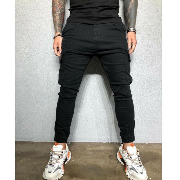 

men's pants multi-colors men slim fit sport gym skinny woven long male solid color casual pencil pant plus size, Black