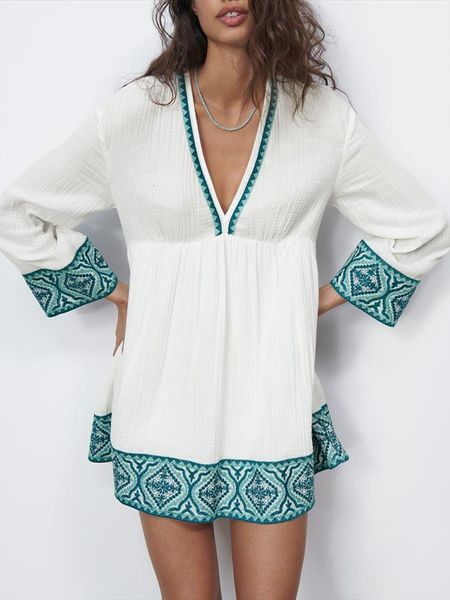 

za spring ethnic style embroidery women dresses sweet v neck stitching, Black;gray