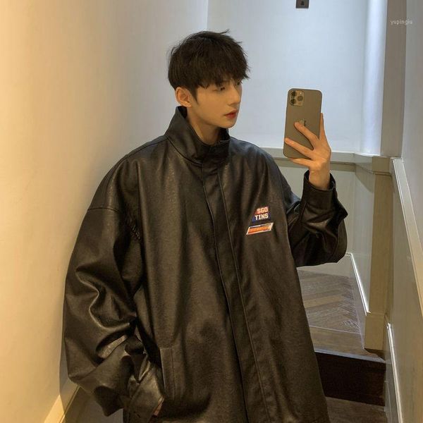

men's jackets streetwear men spring-autumn korean style solid color leather jacket male vintage loose outerwear zipper motorcycle coat, Black;brown