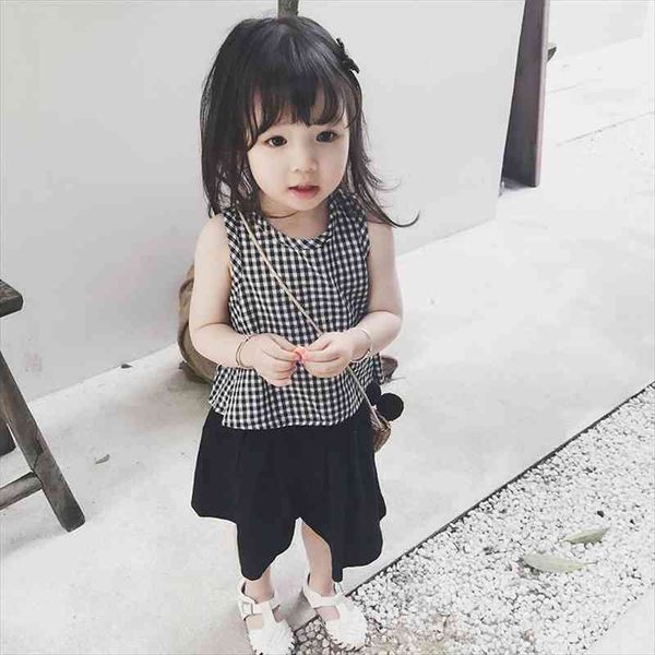 

korean style cute girls plaid vest loose pants 2 suits children cotton clothing sets baby girl casual outfits 6y, White