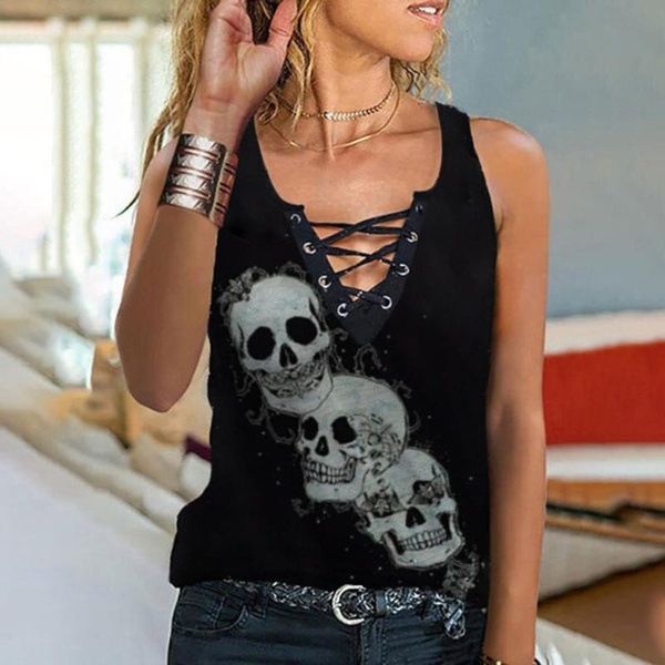

women's blouses & shirts fashion skull print blouse lace-up v-neck sleeveless womens and summer tank blusas mujer de moda 2021, White