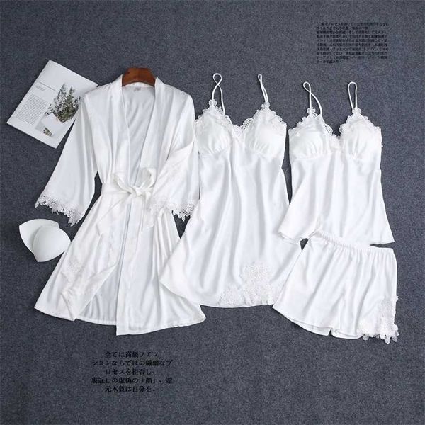 

satin sleepwear female with chest pads women pajamas lace slik sleep lounge 4 pieces sets elegant ladies indoor clothing 211112, Black;red