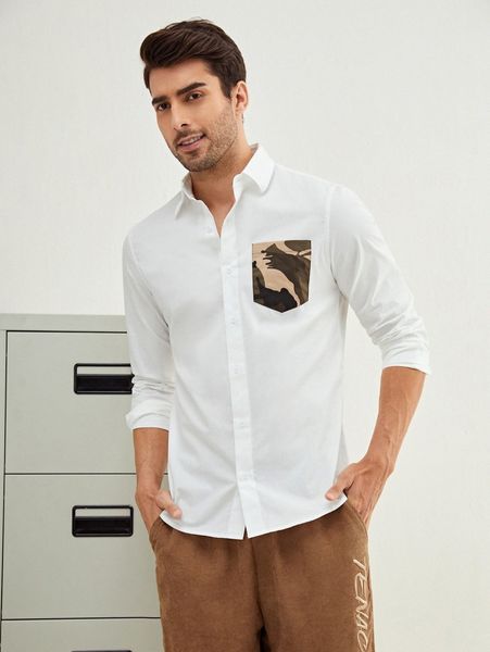 

men camo print patched pocket shirt s6ce#, White;black