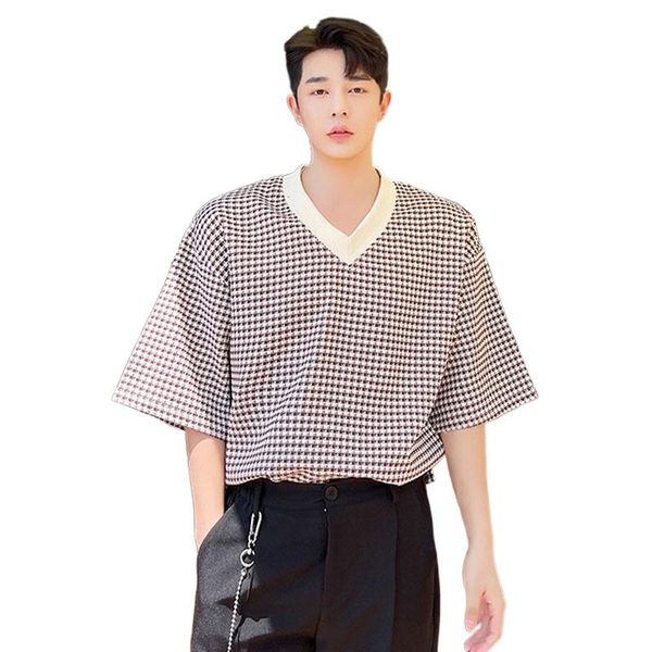 

men's v-neck short sleeve houndstooth vintage loose casual t-shirt male tees shirts korean harajuku streetwear t-shirts, White;black