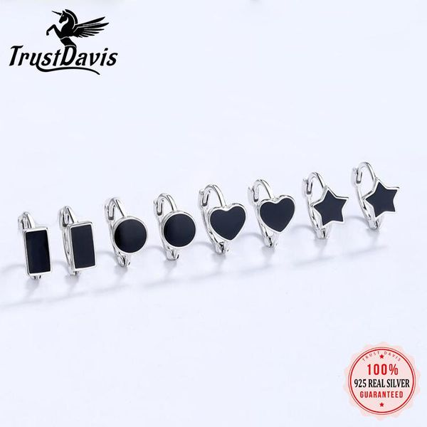 

hoop & huggie trustdavis real 925 sterling silver black glaze heart round star square earrings for women wedding party jewelry da2509, Golden;silver