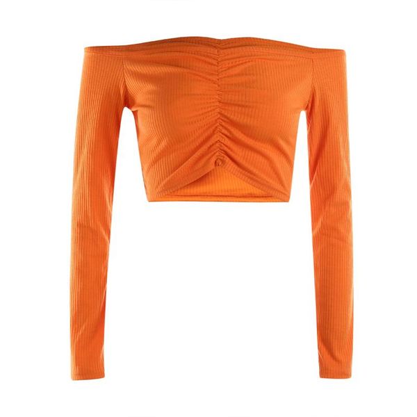 

women's t-shirt 2021 long sleeve summer fashion casual off shoulder solid color umbilical exposure s-xl, White