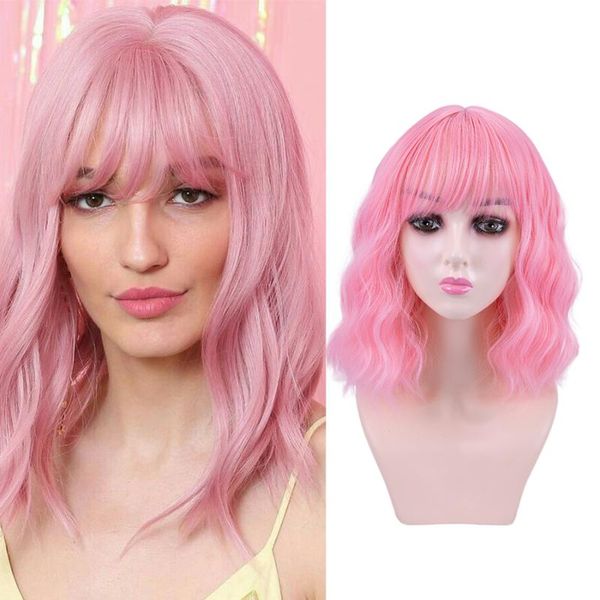 

synthetic wigs short wavy pink purple natural black bob wig with bangs heat resistant fiber cosplay lolita for women