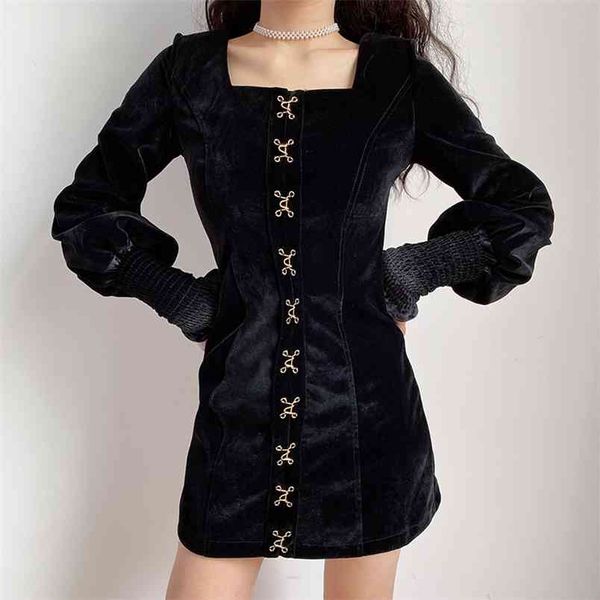 Gothic Metall Schnalle Schwarz Velour Y2k Kleider Für Frauen Elegante Vintage Quadrat Kragen Langarm Harajuku Mini Kleid Winter 210510