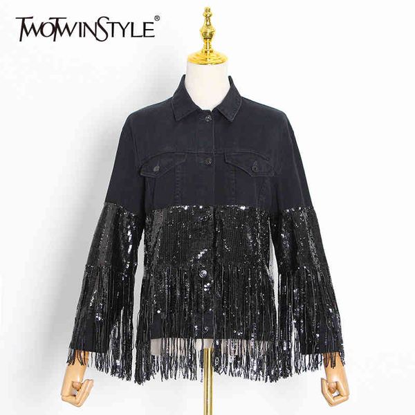 Retalhos tassel tassel jaqueta preta mulheres lapela lapela luva de manga longa enorme casual casual estilo de outono feminino 210524