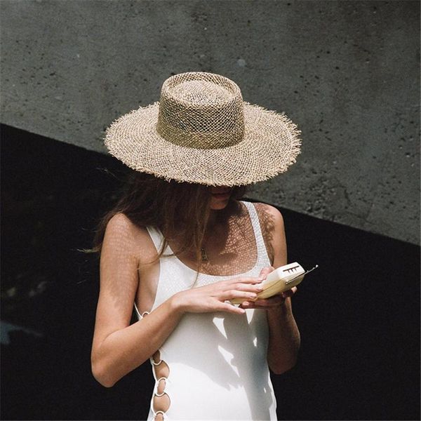 

fashion natural grasses summer leisure hat women straw outdoor holiday beach visor protection sunshade wide brim sunhat hats, Blue;gray