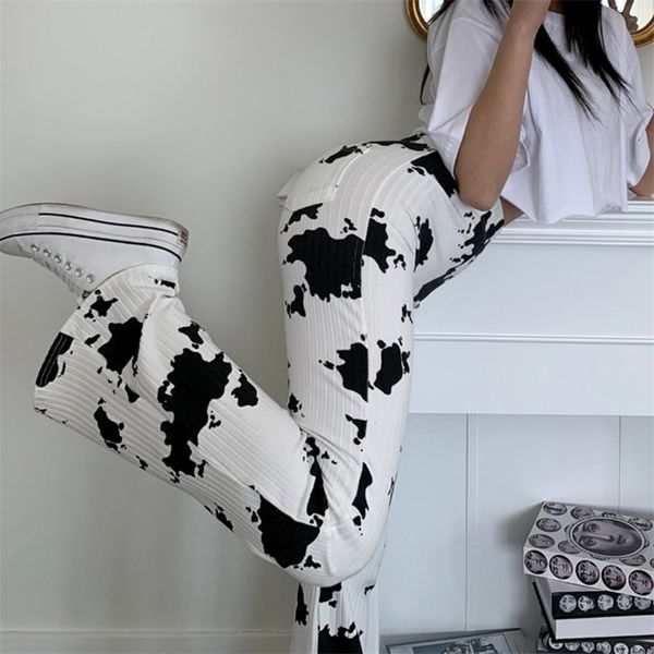 

milk cow print knit sweatpants y2k pants for women fashion tie dye casual high waist trouser female streetwear 210510, Black;white