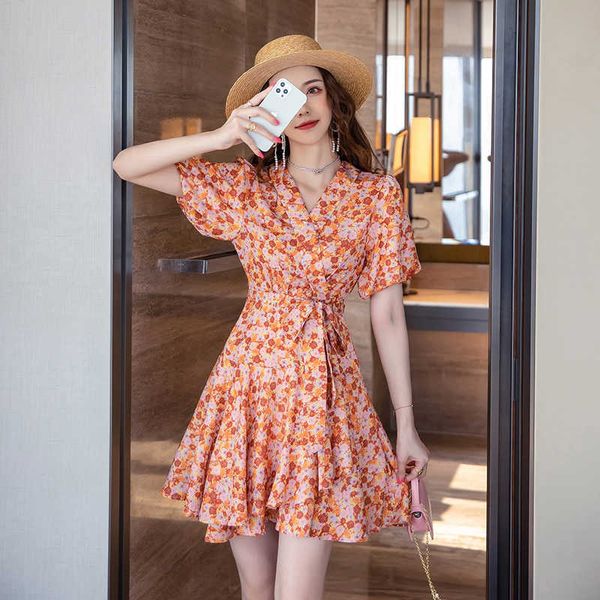 

women summer fashion floral print vintage puff short sleeve belt mini dress woman ruched casual dresses 210529, Black;gray