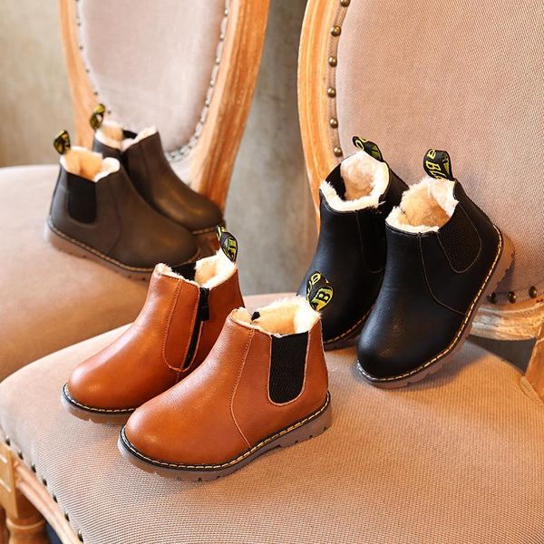 

children snow boots 2021 autumn winter cotton shoes boys girls waterproof non-slip ankle kids leather fashion, Black;grey