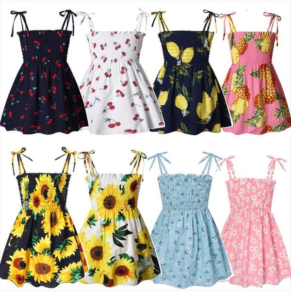 

baby girl sleeveless sling dress princess cotton cherry floral printed cute kids girls casual sundress 1 6 years, Red;yellow