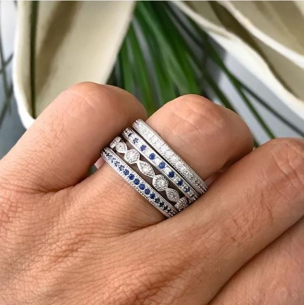 

wedding rings 2021 engagment band 4 pcs stack stacking ring sets micro pave full white blue cz eternity 925 silver, Slivery;golden