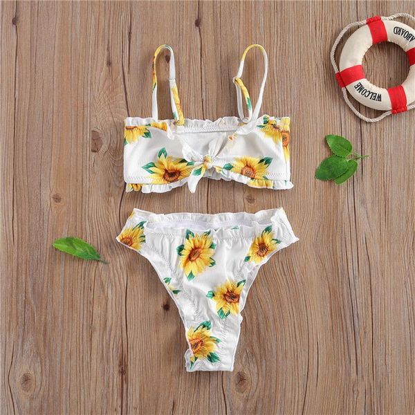 

kid baby girl 2pcs bikini swimwear swimsuit sunflower print sleeveless crop high waist triangle shorts swimming bathing suit one-pieces, Black