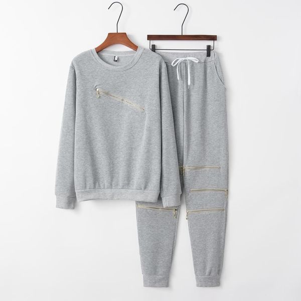 

fashion zipper hollow out women tracksuits suit o neck long sleeve hoodies solid 2 piece set sportswear moletom, Gray