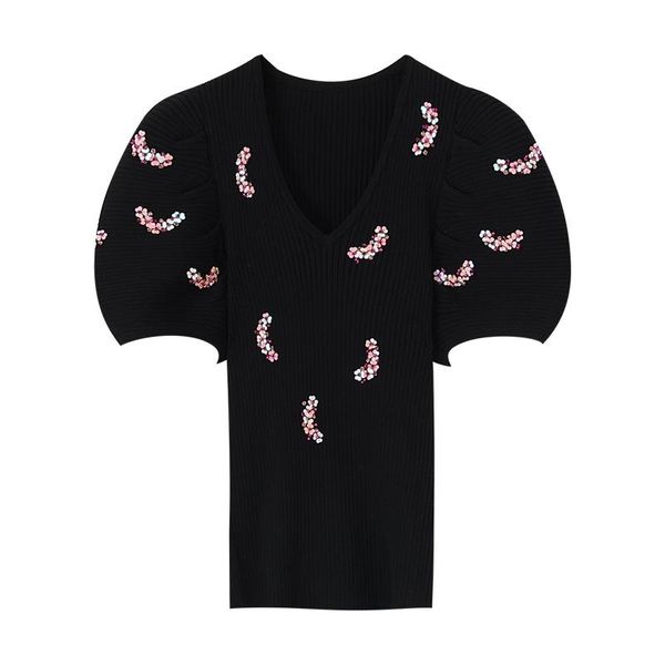 

women's sweaters 2021 autumn small fragrant black short sleeve b slim body nail bead v neck ice silk bubble knit jumpers, White;black