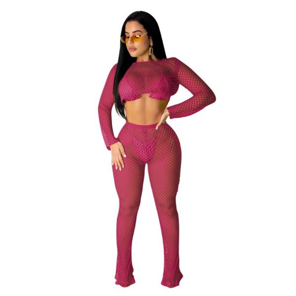 

women's two piece pants fishnet set mesh crochet sheer perspective long sleeve crop flare bodycon outfits casual sweat suit, White