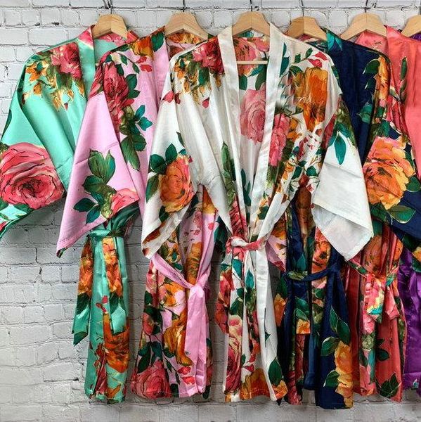 

women's sleepwear imitation silk printing knee-length pajamas ladies party robe wedding bride bridesmaid bathroom, Black;red