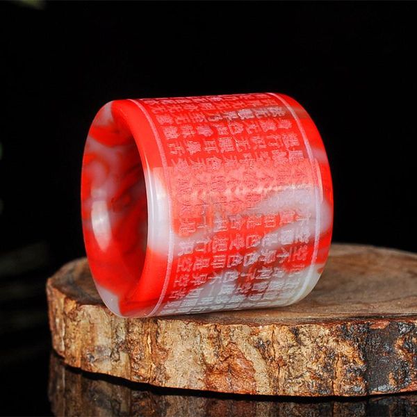 

natural chicken blood color hand carved six character heart sutra ring fashion jewelry for men and women cluster rings, Golden;silver