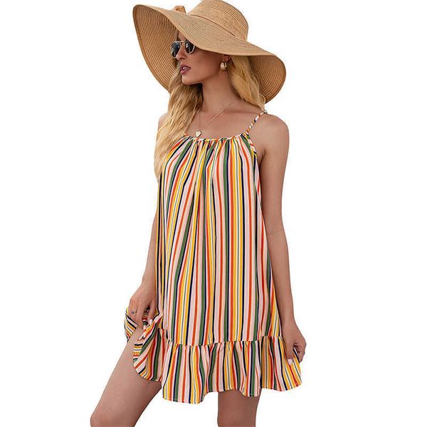Spaghetti Strap Slash Neck Off Shoulder Dress Donna Ruffle Stripe Print Loose Streetwear Beach Party Sopra la lunghezza Abiti corti 210608