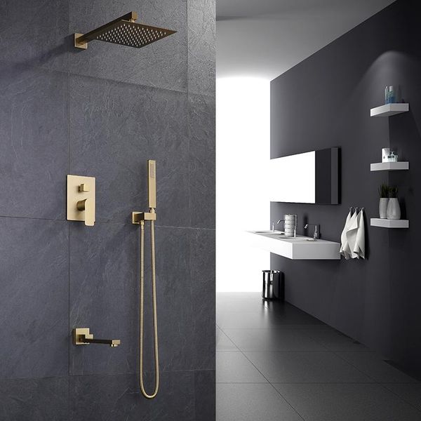 

brushed gold/black bathroom shower set square rainfall faucet wall or ceiling mounted mixer 8-12" head sets