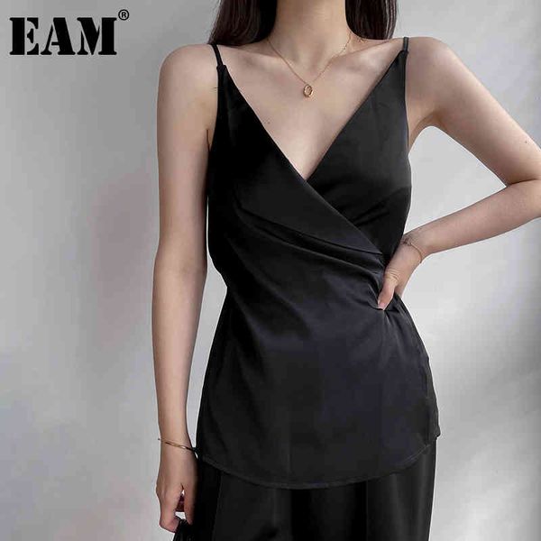 

[eam] women black satin slim backless elegant tank v-collar sleeveless personality fashion spring summer 1dd8111 21512, White