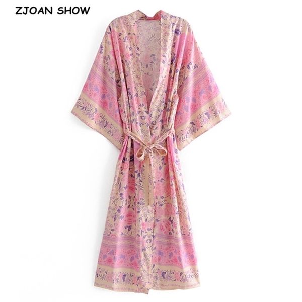 

bohemia v neck pink flower print maxi long kimono cardigan ethnic women tie bow sashes shirt boho loose blouse holiday 210429, White