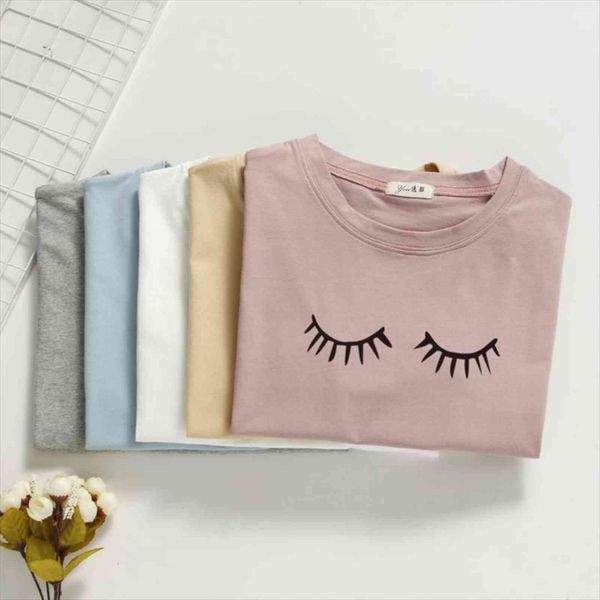 

100% cotton summer women t shirt o neck eyelashes printed for woman top, White