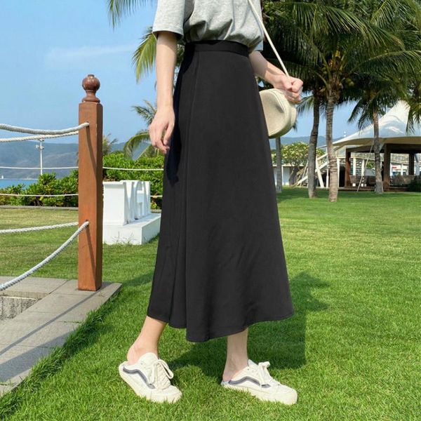 

skirts women multicolor plus size chiffon solid fairy sweet female party kawaii mid calf daily chic woman ulzzang, Black