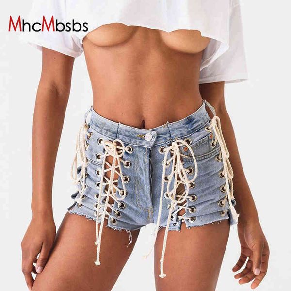 Y2K Frauen Hohe Taille Jean Shorts Weibliche Verband Ausgeschnitten Blau Kurze Jeans Sexy Fee Grunge Lace Up Denim Sommer 210517