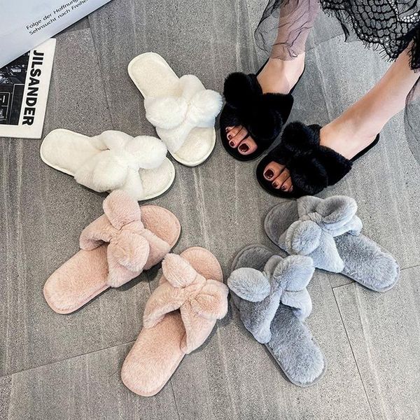 

slippers 2021 warm fluffy women sweet cute cross fur flats ladies indoor floor slides soft furry slip-on shoes female flip flops, Black
