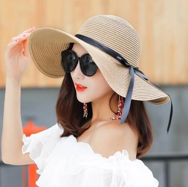 

wide brim hats embroidery summer straw hat women sun protection beach 2021 adjustable floppy foldable for ladies, Blue;gray