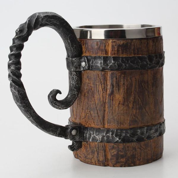 

mugs simulation wooden barrel double-layer beer mug creative personality office resin stainless steel liner drinking cup