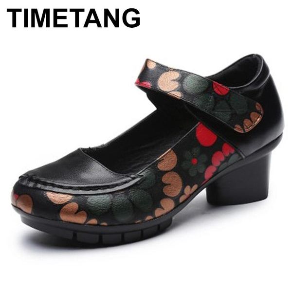 

dress shoes timetang soft med heels vintage style genuine leather personality casual women's pumps summer cowhide retro floral handmad, Black