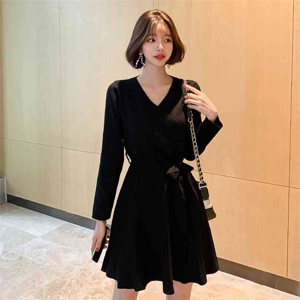 

harajuku knitting korean ladies fall winter long sleeve nightclub mini a line party dress for women china 210602, Black;gray