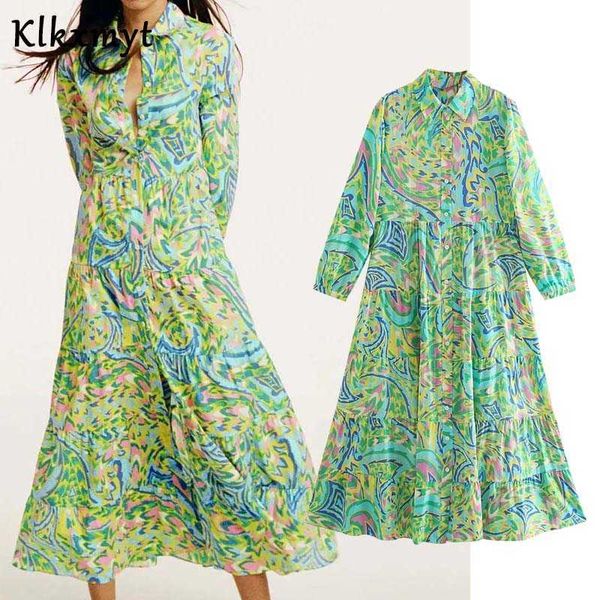 

klkxmyt za women summer dress fashion green print shirt midi casual loose button-up female party es vestido 210527, Black;gray