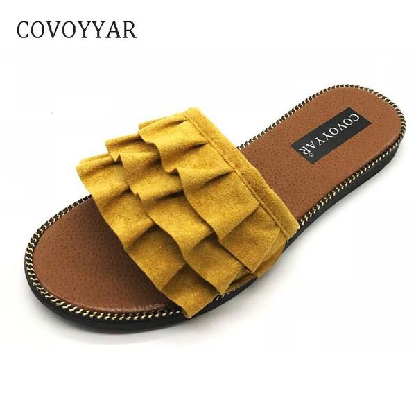 

summer sweet ruffles women's slippers 2021 fashion canvas beach flat shoes slides slip on women sandals wss819, Black