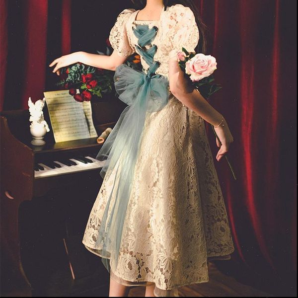 

summer vintage dress bowknot women dresses a line elegant lace french fairy female square collar one piece, Black;gray
