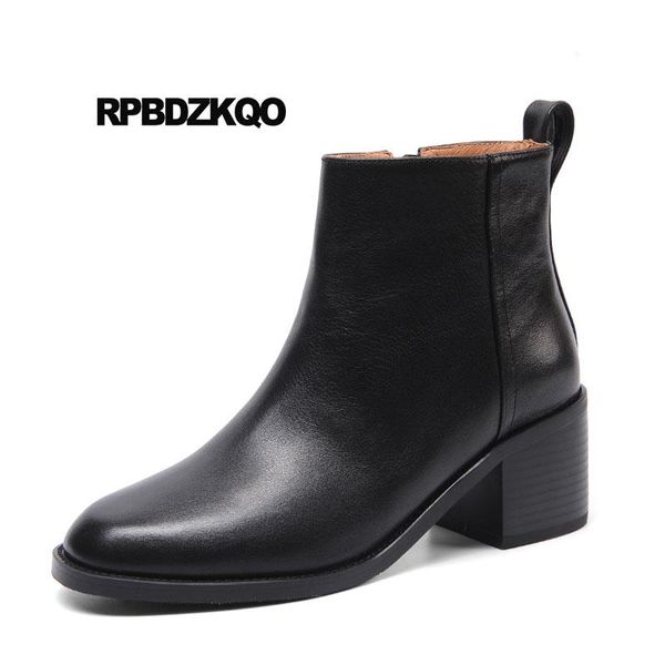 

boots black chunky luxury winter shoes big size 10 round toe side zip plus booties fall high heel women fur genuine leather