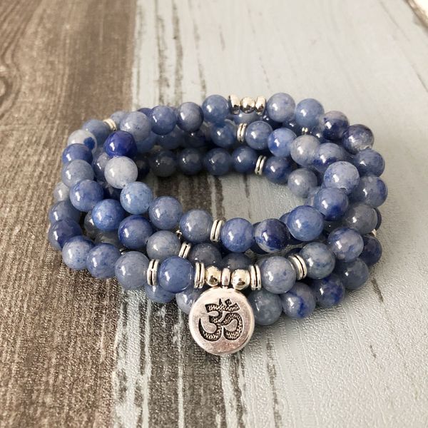 

108 mala beaded bracelet lotus prayer beads wrist blue aventurine wrapped for man om yoga bracelets, Black