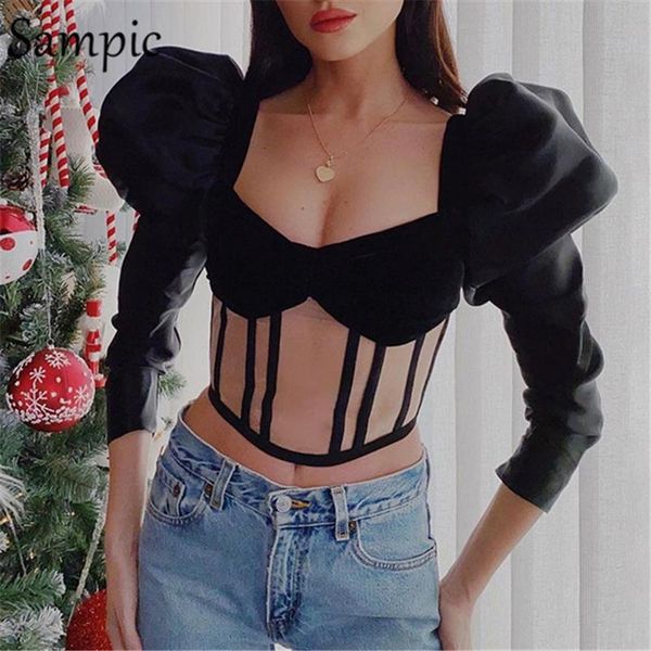 

women's blouses & shirts sampic long puff sleeve patchwork mesh croset women 2021 summer spring office ladies slim cropped blouse, White