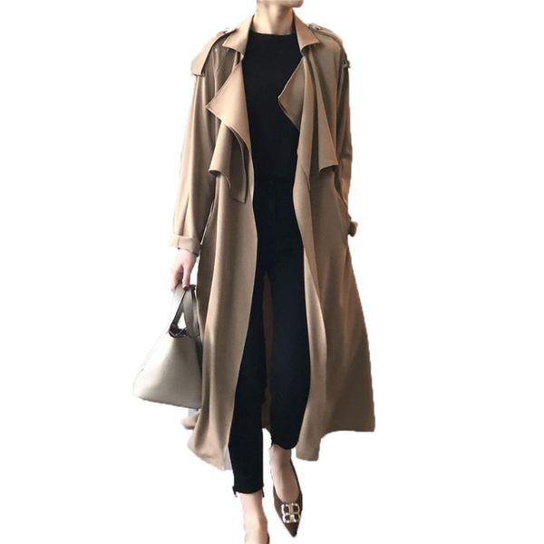 

women's trench coats wsyore spring and autumn women korean loose slim coat mid-long belt elegant windbreaker jacket ns2742, Tan;black