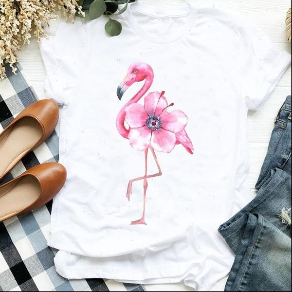 

flamingo floral beach fashion swomen sleeve print clothes graphic tee womens, White
