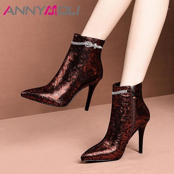 

boots annymoli winter sheepskin ankle women natural genuine leather crystal thin heel short zip super high shoes lady1, Black