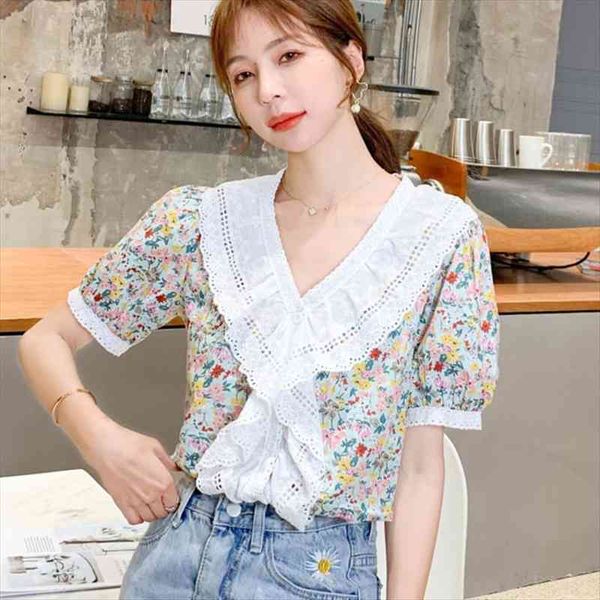 

korean chic sweet floral print blouses women puff sleeve single breasted lace ruffles female shirts french vintage blusas mujer, White