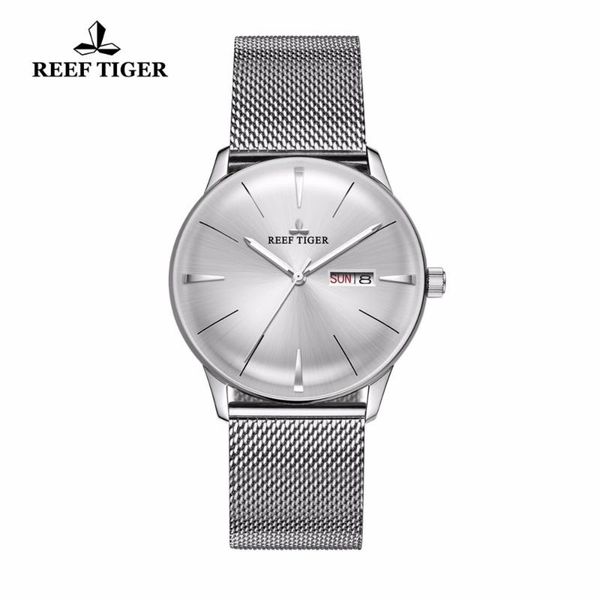 

reef tiger/rt mens designer dress watches with date day full steel convex lens analog rga8238 wristwatches, Slivery;brown