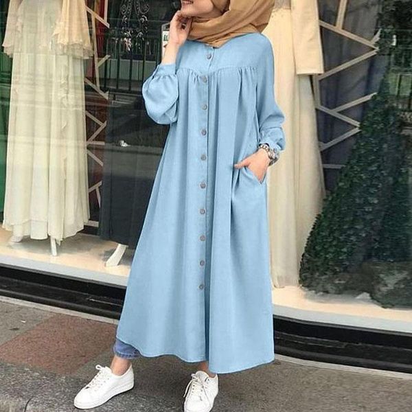 

ethnic clothing muslim dress 2021 woman hijab shirt long sleeve maxi vestidos female button robe femme musulman high wasit solid sundress, Red