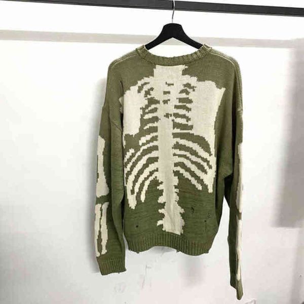 

y2k skeleton bone printing men wo harajuku green loose high street damage hole vintage knit sweater male pullovers, Black